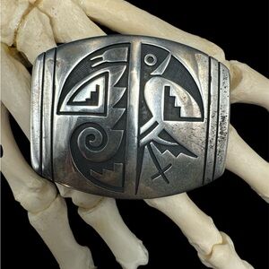 Vintage Hopi Sterling Silver Hand Made Abstract Eagle Cutout Belt Buckle 44 gram